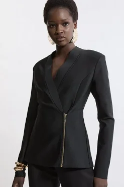 Karen Millen Figure Form Bandage Knit Side Zip Longline Jacket black Hot