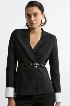 Karen Millen Figure Form Bandage Knit Woven Cuff And Belted Jacket black Hot
