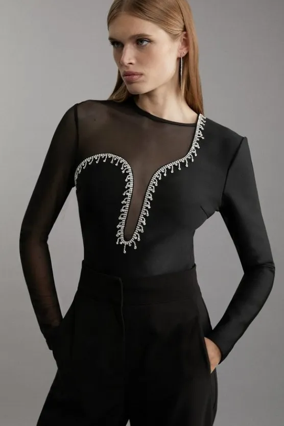 Karen Millen Figure Form Bandage Mesh Detail Embellished Knit Top black Hot