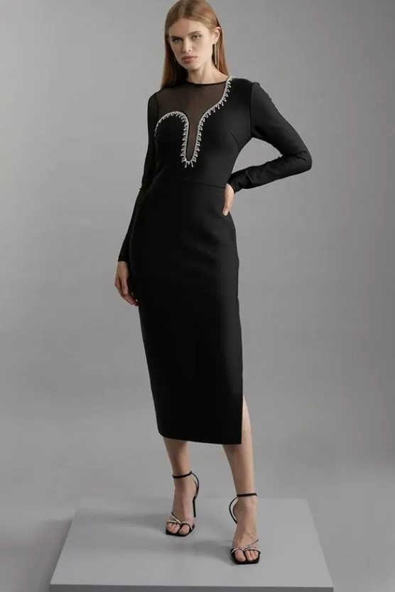 Karen Millen Figure Form Bandage Mesh Detail Asymmetric Trim Midi Dress black Fashion
