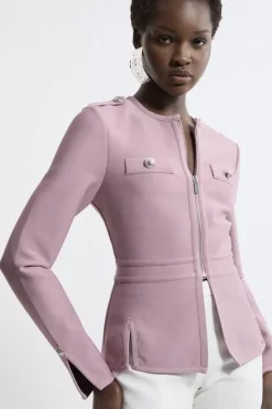 Karen Millen Figure Form Bandage Military Contrast Piping Knit Split Hem Jacket mauve Hot