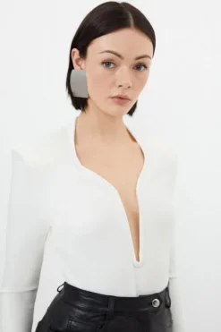 Karen Millen Figure Form Bandage Plunge Knit Top cream New