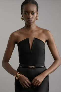 Karen Millen Figure Form Bandage Sharp V Neck Knit Crop Top black New