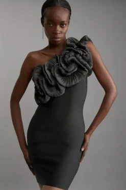 Karen Millen Figure Form Bandage Silk Look Flower Detail One Shoulder Knit Dress black New