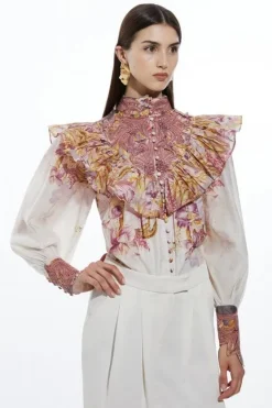 Karen Millen Floral Applique Crinkle Woven Blouse pink Sale