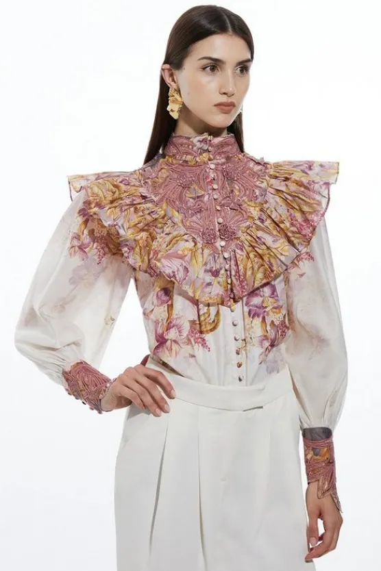 Karen Millen Floral Applique Crinkle Woven Blouse pink Sale