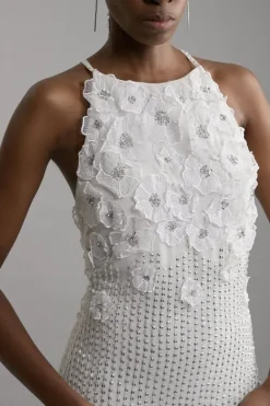 Karen Millen Floral Applique Crystal Beaded Woven Halter Maxi Dress ivory New