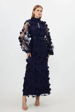 Karen Millen Floral Applique Woven Maxi Dress navy Outlet