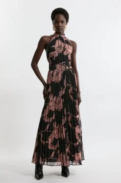 Karen Millen Belted Pleated Midi Woven Dress floral Discount