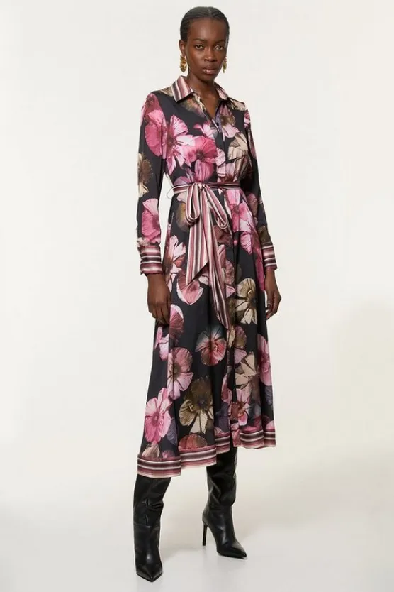 Karen Millen Floral Border Print Woven Belted Midi Dress black Clearance