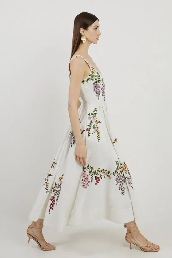 Karen Millen Embroidered Cotton Linen Woven Prom Dress floral Clearance