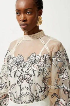 Karen Millen Floral Embroidery Organdie Woven Blouse ivory Clearance