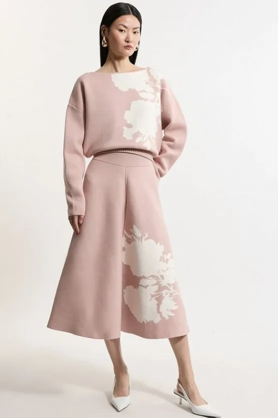 Karen Millen Floral Jacquard Viscose Blend Milano Knit Midi Skirt Co-Ord mauve Clearance
