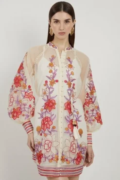 Karen Millen Floral Placed Embroidery Organdie Woven Mini Dress blush Fashion