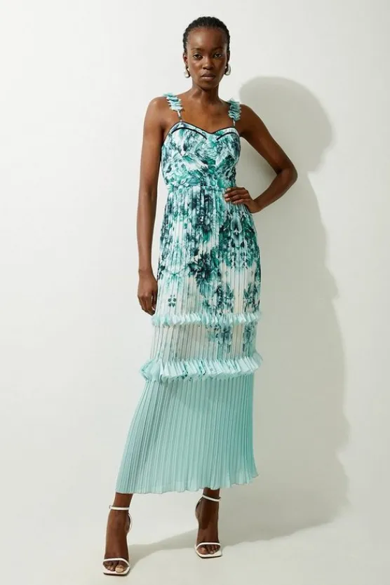 Karen Millen Floral Pleat Detail Strappy Woven Midi Dress green Clearance