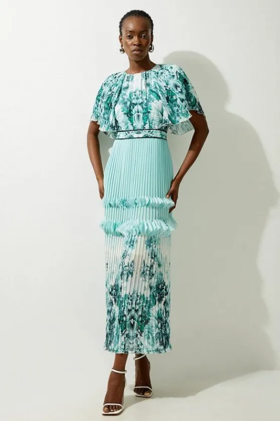 Karen Millen Floral Pleat Detail Woven Maxi Dress green Fashion