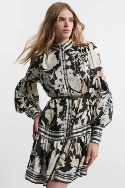 Karen Millen Pleated Belted Woven Mini Dress floral Fashion
