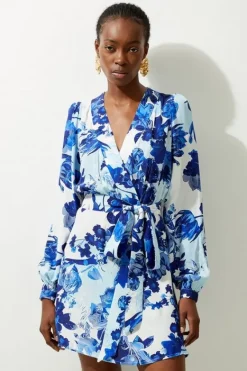 Karen Millen Floral Printed Morocain Woven Wrap Mini Dress blue Online