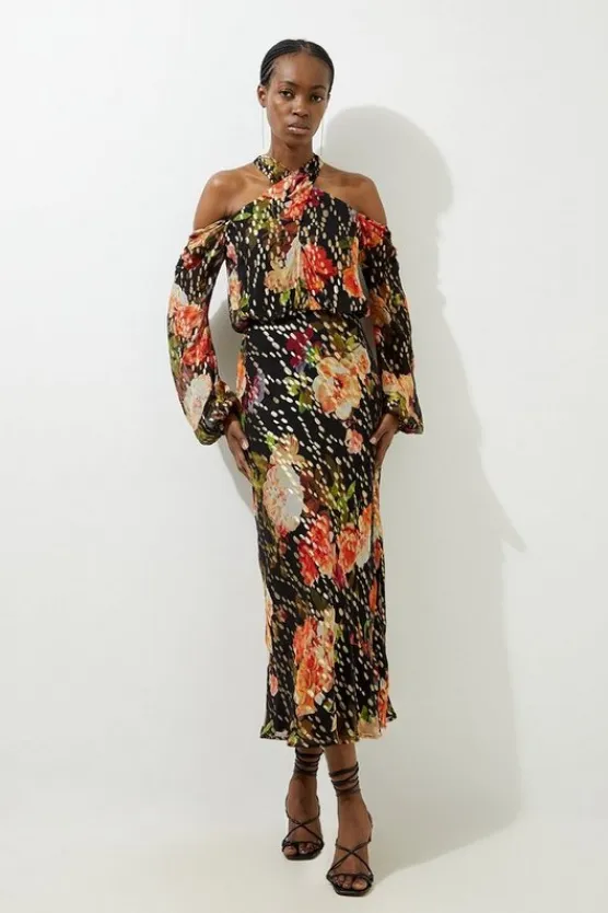Karen Millen Floral Printed Viscose Metallic Thread Beaded Cross Neck Woven Midi Dress black Outlet