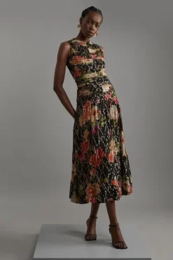 Karen Millen Floral Printed Viscose Metallic Thread Beaded Woven Midaxi Dress black Outlet