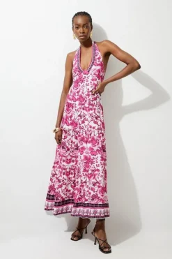 Karen Millen Floral Printed Viscose Woven Halter Maxi Dress purple Discount