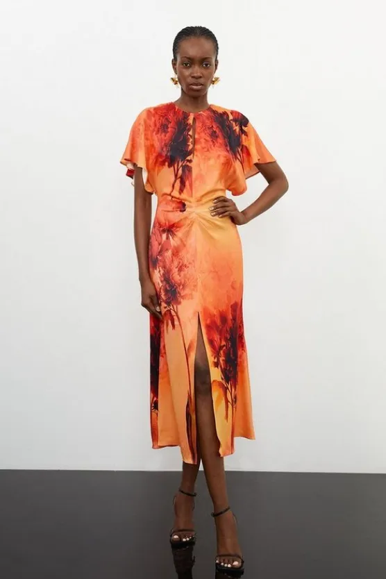Karen Millen Floral Print Satin Crepe Woven Angel Sleeve Midi Dress burntorange New