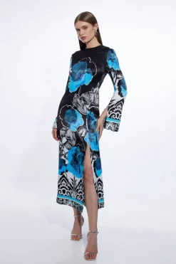 Karen Millen Floral Print Satin Crepe Woven Maxi Dress navy Outlet