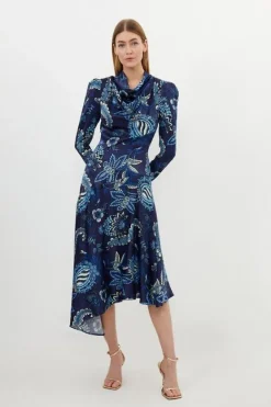 Karen Millen Floral Print Viscose Satin Asymmetric Woven Maxi Dress blue Best