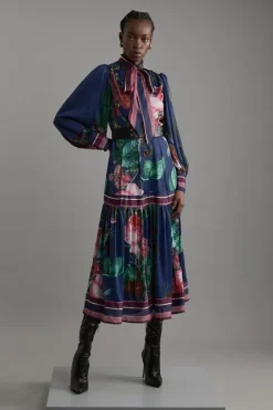 Karen Millen Print Woven Balloon Sleeve Midaxi Dress floral Outlet