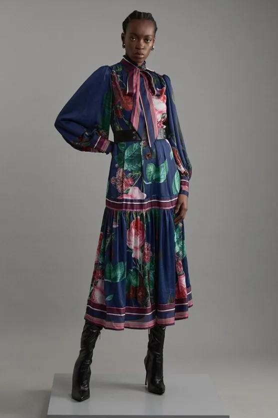 Karen Millen Print Woven Balloon Sleeve Midaxi Dress floral Outlet