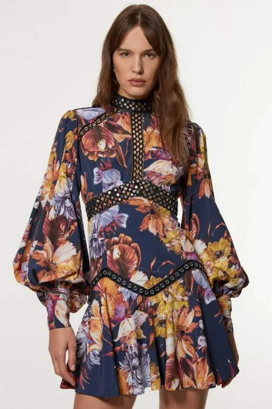 Karen Millen Studded Lace Woven Mini Dress floral Hot