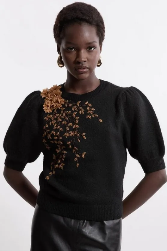 Karen Millen Flower And Beaded Puff Sleeve Knit Tee black Fashion
