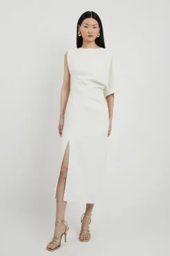 Karen Millen Fluid Tailored Asymmetric Sleeve Midi Dress ivory Clearance