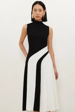 Karen Millen Fluid Tailored Color Block High Neck Pleated Midi Dress ivory Clearance