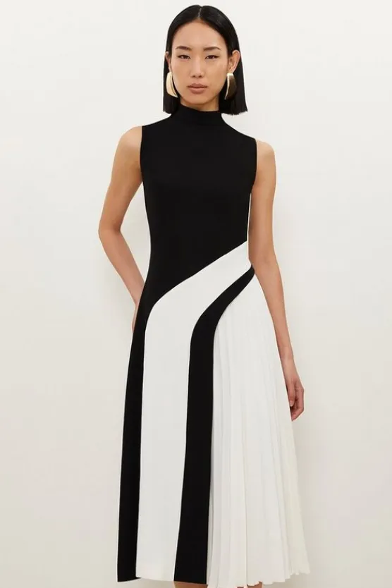 Karen Millen Fluid Tailored Color Block High Neck Pleated Midi Dress ivory Clearance
