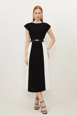 Karen Millen Fluid Tailored Contrast Pleated Panel Skirt Midi Dress mono Hot