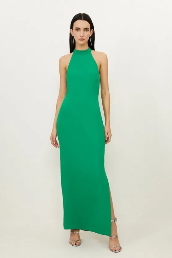 Karen Millen Fluid Tailored Halterneck Open Back Maxi Dress green Hot