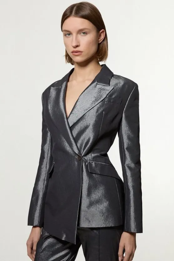 Karen Millen Fluid Tailored Metallic Asymmetric Wrap Blazer silver Discount