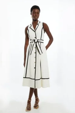 Karen Millen Fluid Tailored Sleeveless Belted Contrast Tipped Midaxi Shirt Dress ivory Discount