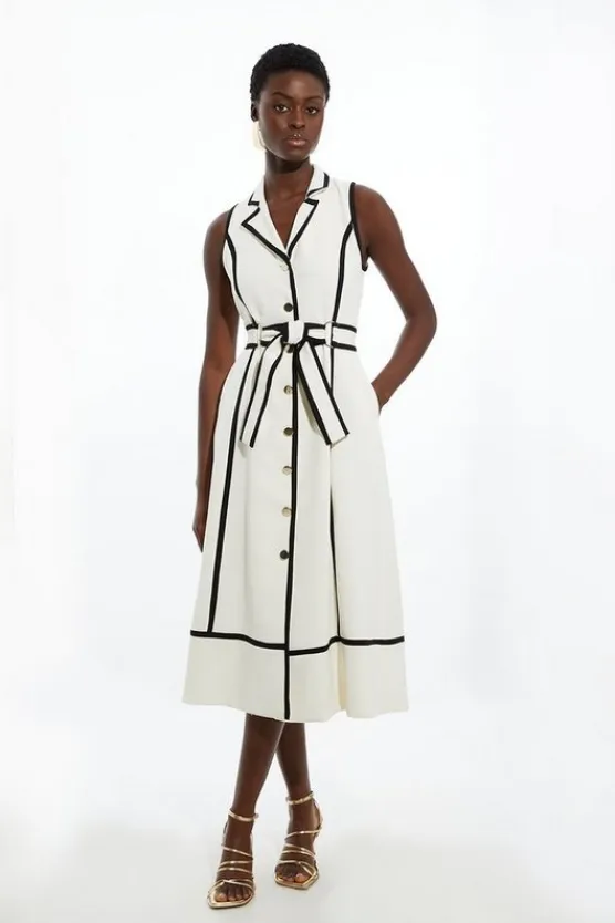 Karen Millen Fluid Tailored Sleeveless Belted Contrast Tipped Midaxi Shirt Dress ivory Discount