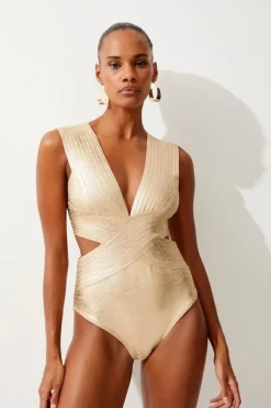 Karen Millen Foiled Bandage Textured V Neck Swimsuit gold Clearance