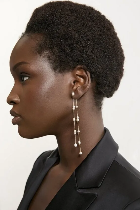 Karen Millen Freshwater Pearl Double Drop Long Earring gold New