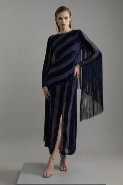 Karen Millen Fringed Velvet Devore Long Sleeve Woven Maxi Dress navy Sale