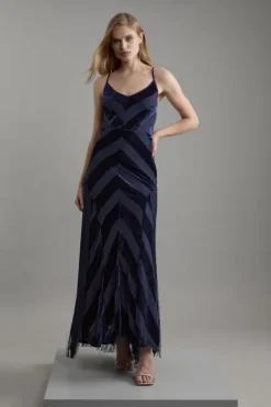 Karen Millen Fringed Velvet Devore Woven Maxi Dress navy New