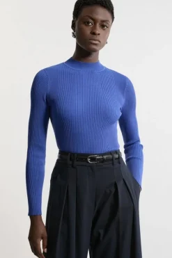 Karen Millen Funnel Neck Rib Knit Top cobalt Discount