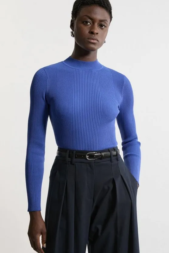 Karen Millen Funnel Neck Rib Knit Top cobalt Discount