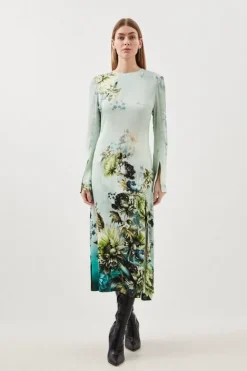 Karen Millen Garden Floral Woven Viscose Satin Midi Dress blue Sale