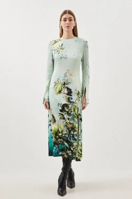 Karen Millen Garden Floral Woven Viscose Satin Midi Dress blue Sale