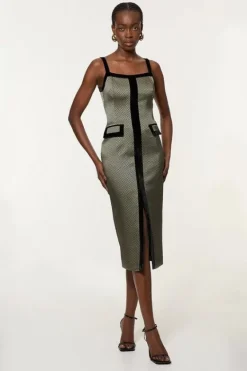Karen Millen metric Jacquard Velvet Mix Tailored Strappy Midi Dress geo Hot