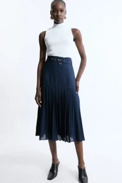 Karen Millen Georgette Asymmetric Pleat Woven Midi Skirt navy New